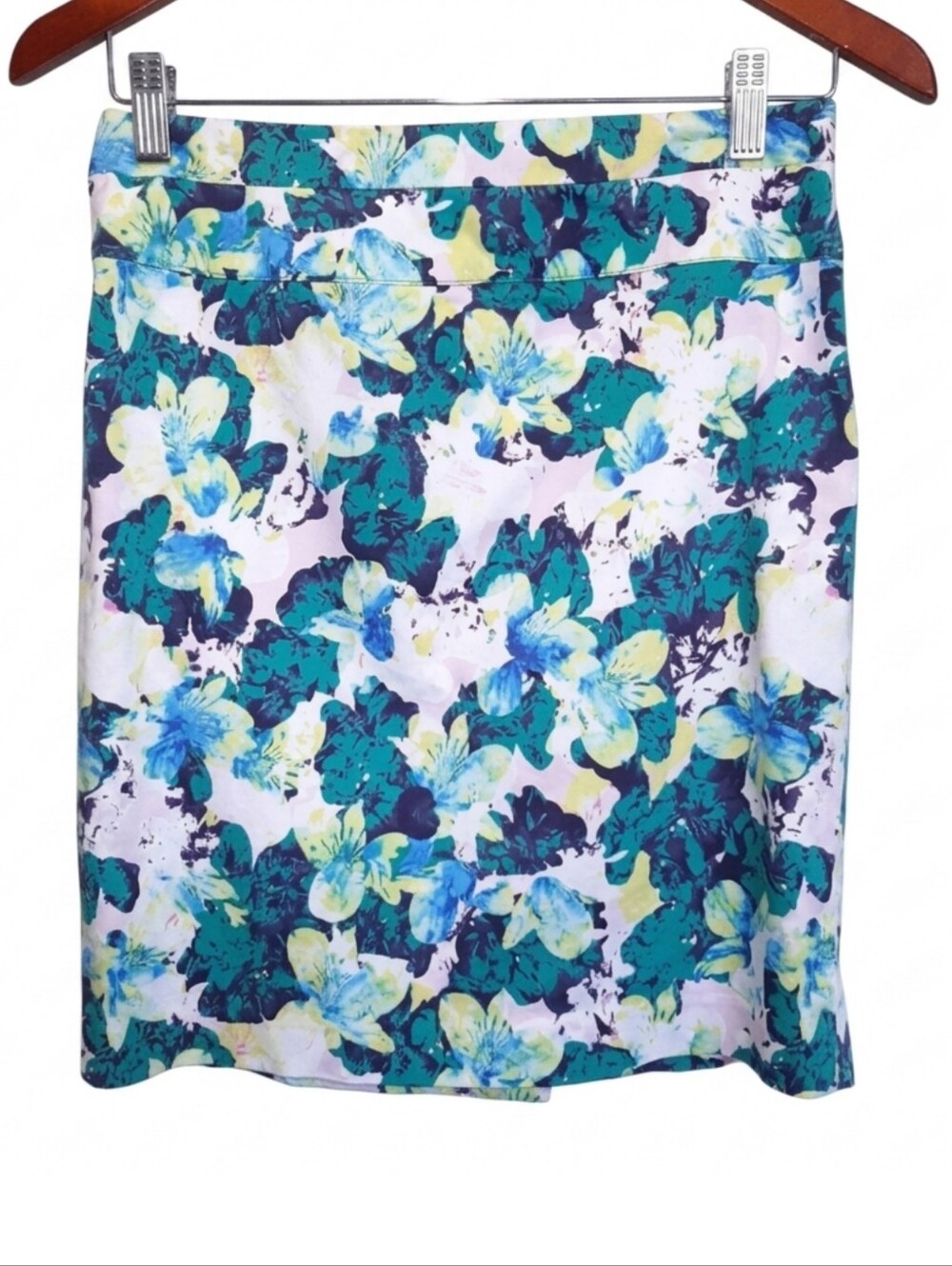Audrey & Celine Floral Pencil Skirt Banded Waist Spring Blue Green Womens Size 2